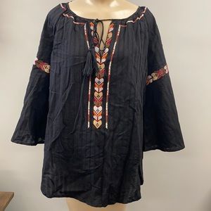 Black embroidered tassel blouse top XL